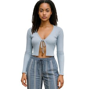 Light Blue Ribbed Tie-Front Cropped Cardigan Top SZ XS/S - Y2K Style